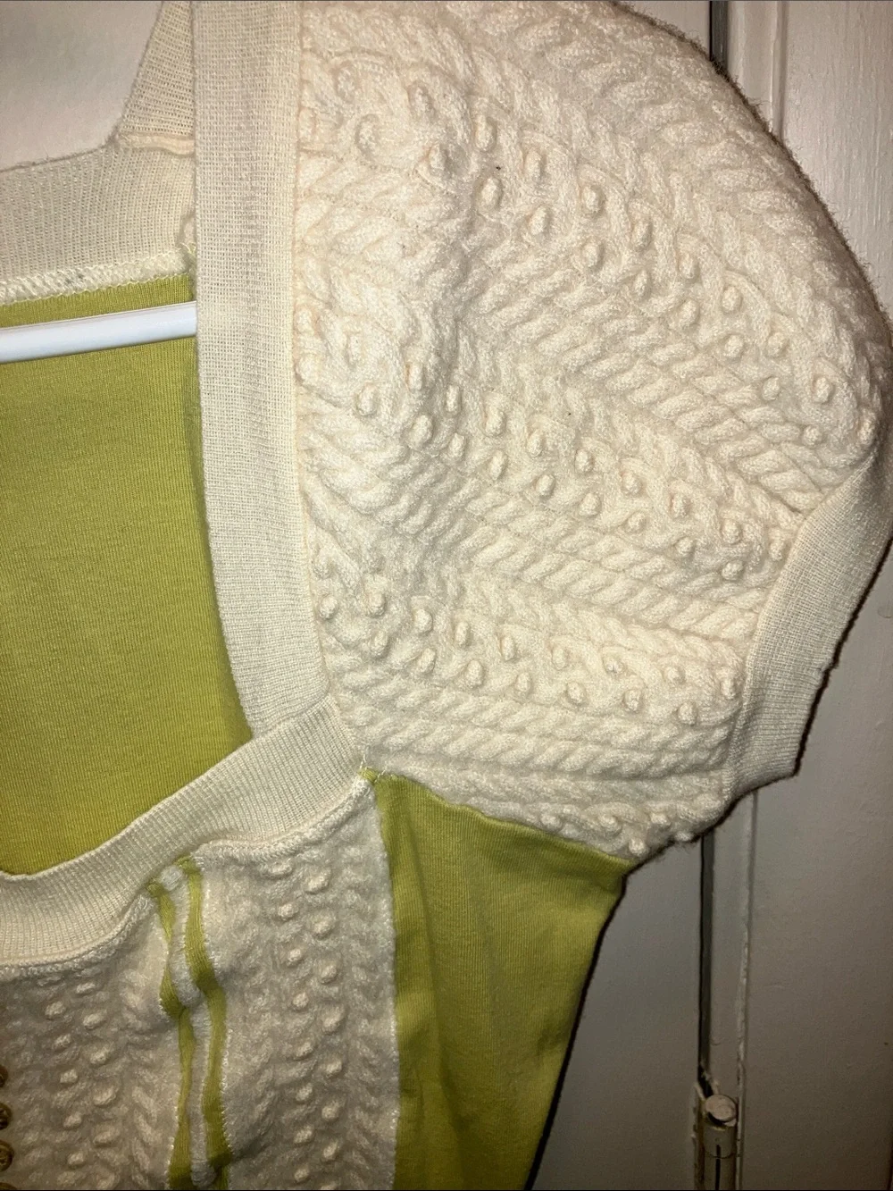 Anthropologie C. KEER Cream and Light Green Knit-Panel Puff Sleeve Top MEDIUM